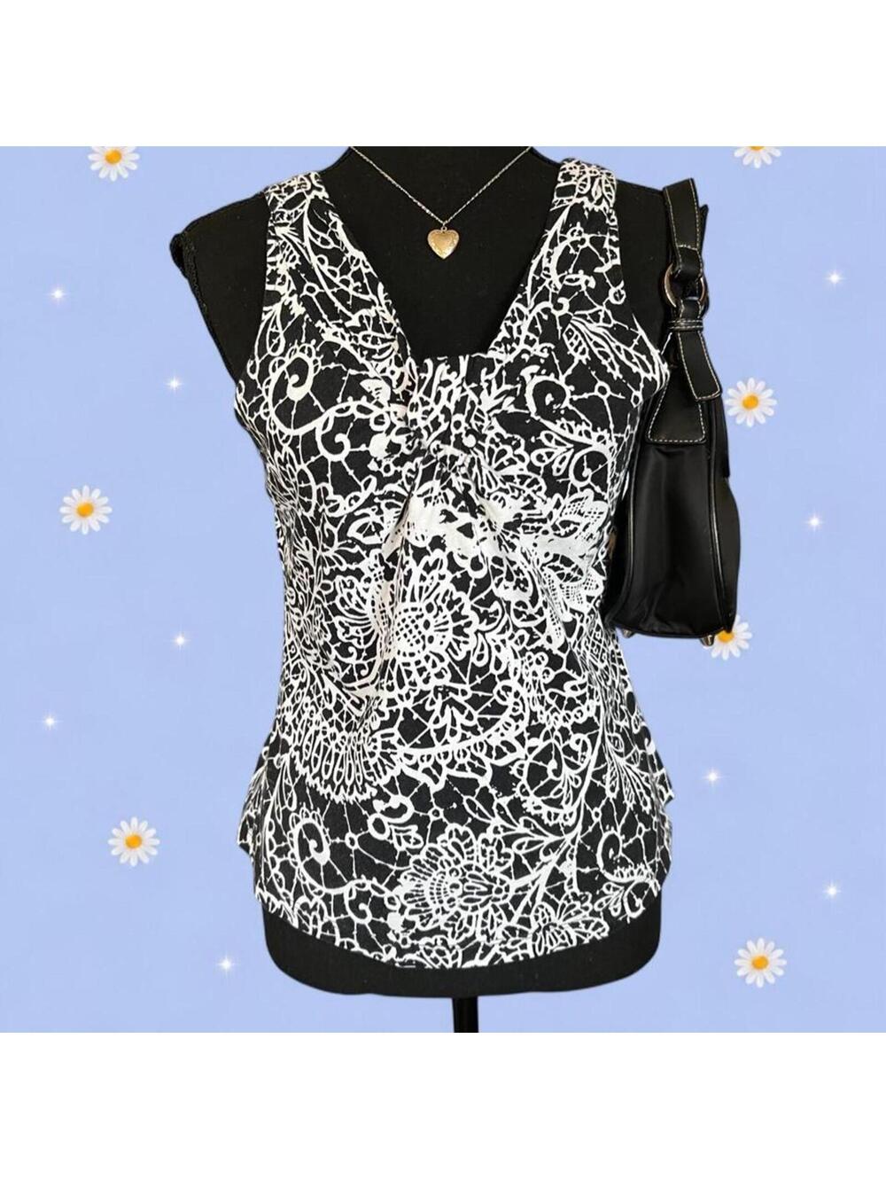Vintage Y2K A.N.A Black White Coquette Tank Top Size Petite Small 🖤